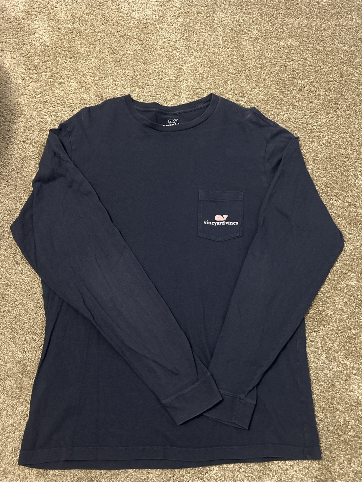 Vineyard Vines Long Sleeve T Shirt Navy Blue Pink Whale Logo Pocket Men’s Medium