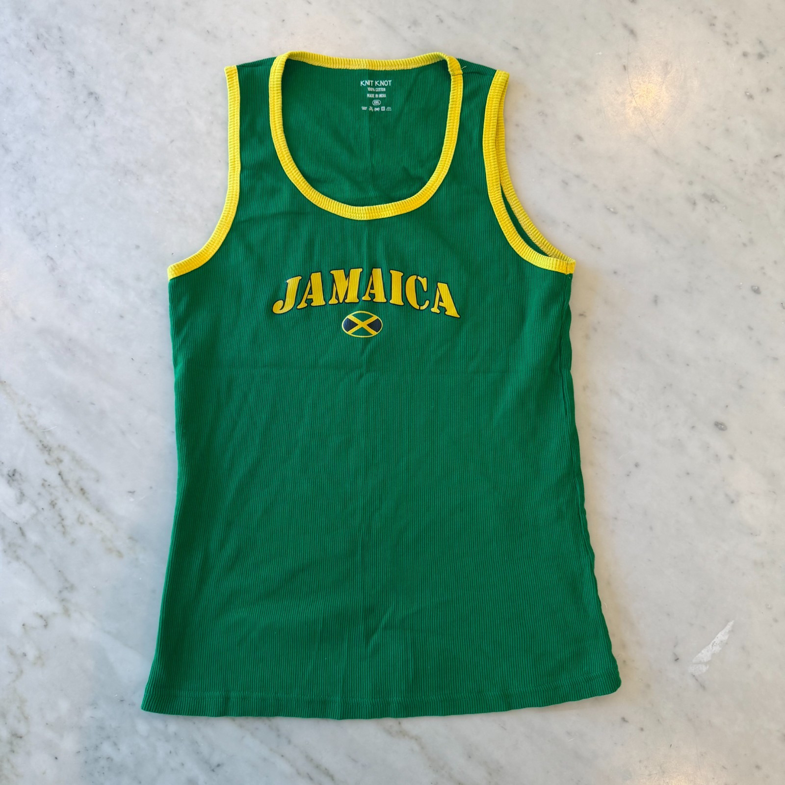 Knit Knot Jamaica Ribbed Tank Top Green Yellow Trim Flag Graphic Size XXL