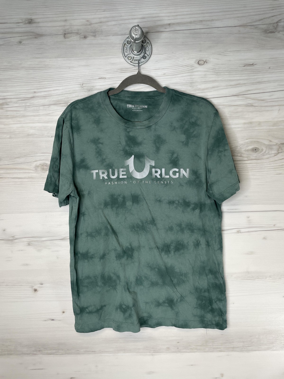 True Religion Shirt Mens Medium Green Tie Dye True RLGN Foil Crew Neck Graphic