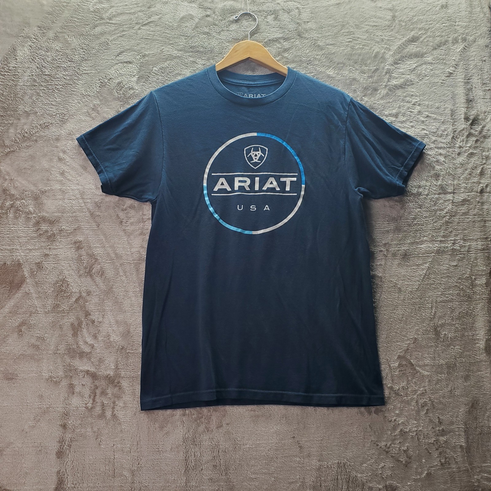 Ariat Mens Medium Blue Graphic T Shirt USA Logo Buckle Western Casual Tee