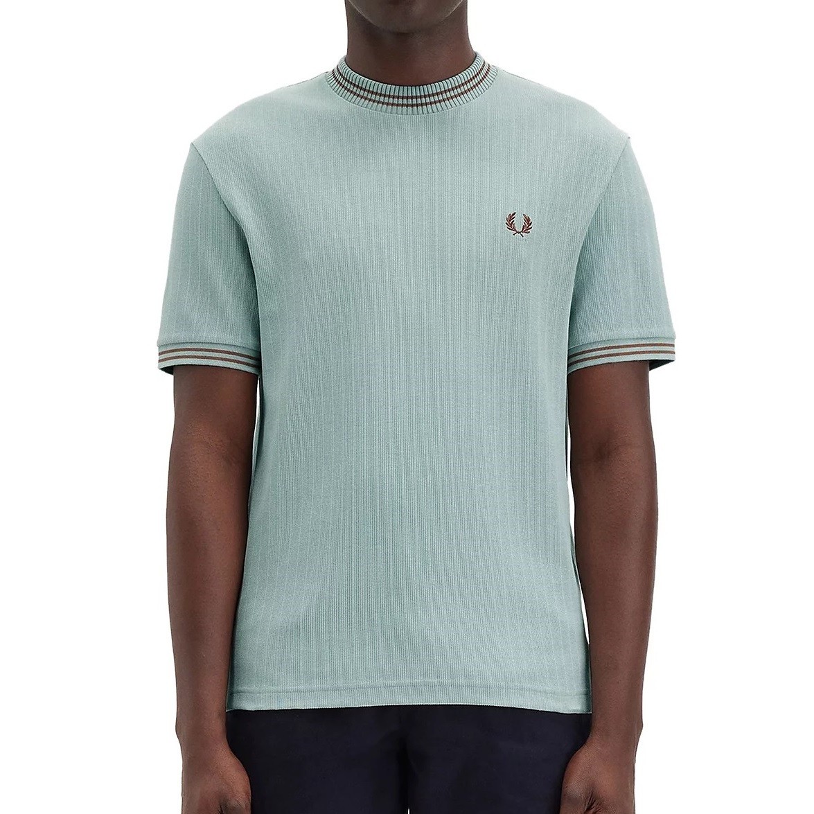 Fred Perry Men’s Ribbed Jersey Cotton SS Logo Crew Tee Shirt M8679 Silver Blue