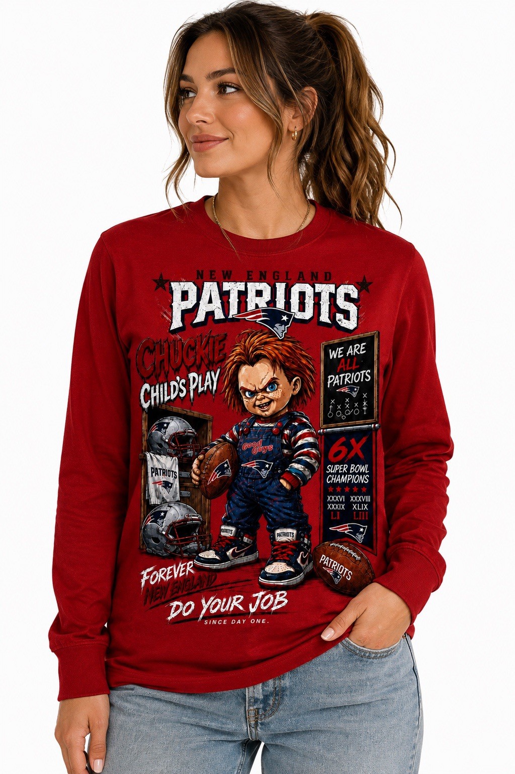 New England Patriots Child’s Play Chucky Themed Long Sleeve Shirt.