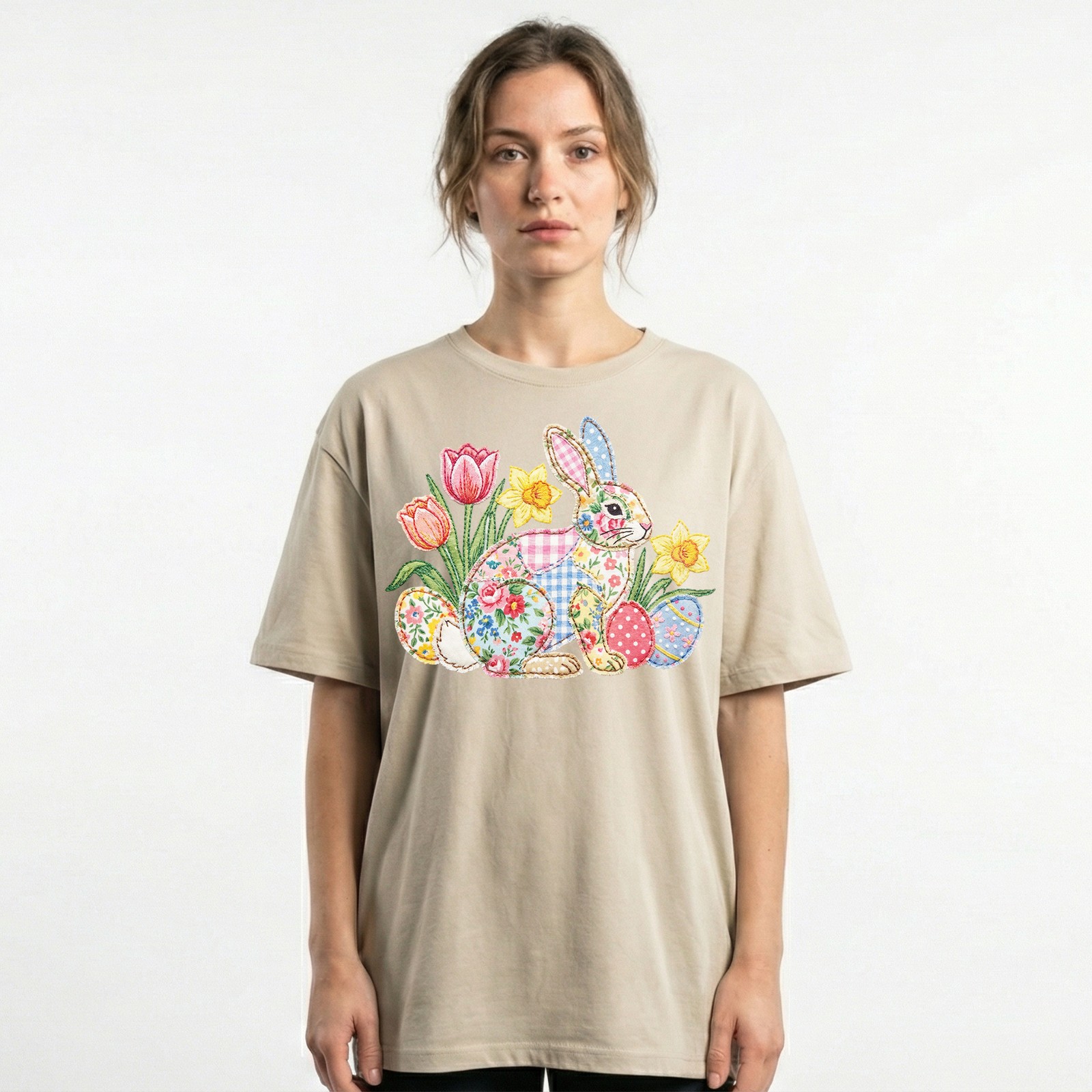 Easter Bunny Patchwork Floral Spring T-Shirt Holiday Cute Pastel Egg Lover Tee