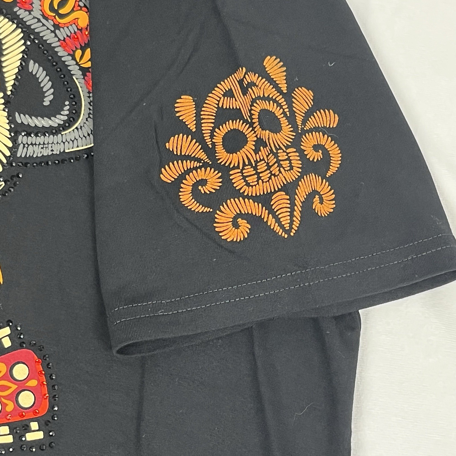 AY GUEY “Chapatin” Men’s Beaded Short Sleeve Tee Mexican Skull Mariachi Black XL