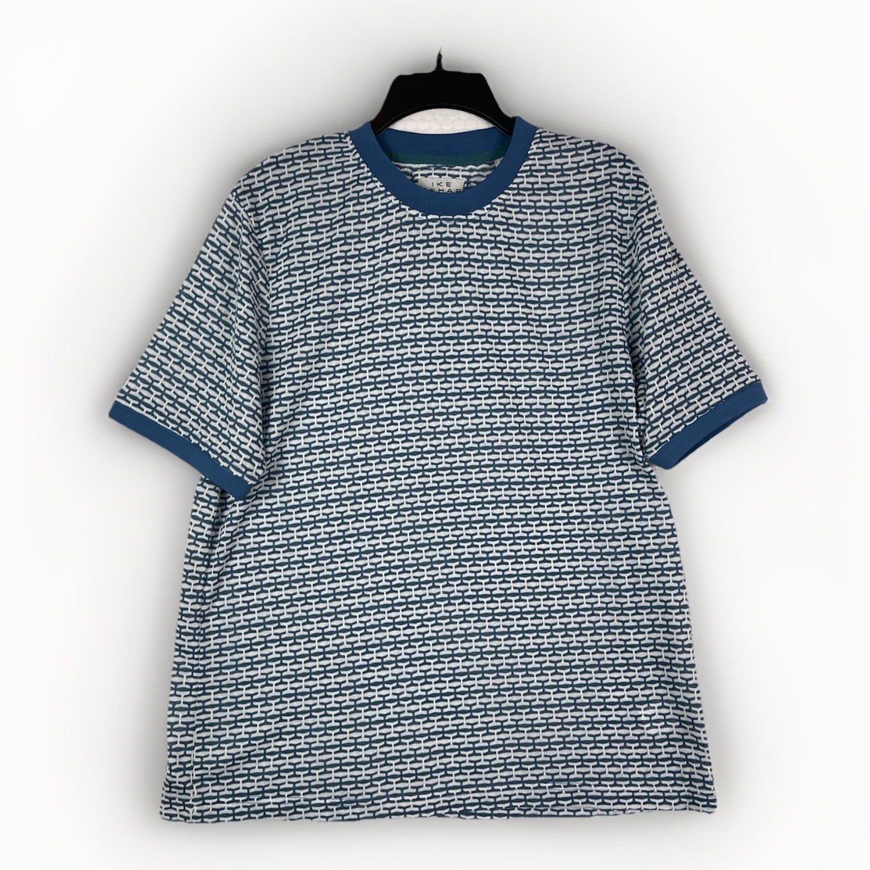 IKE BEHAR Casual Tee T-Shirt Mens L Blue White Geometric Textured Short Sleeve