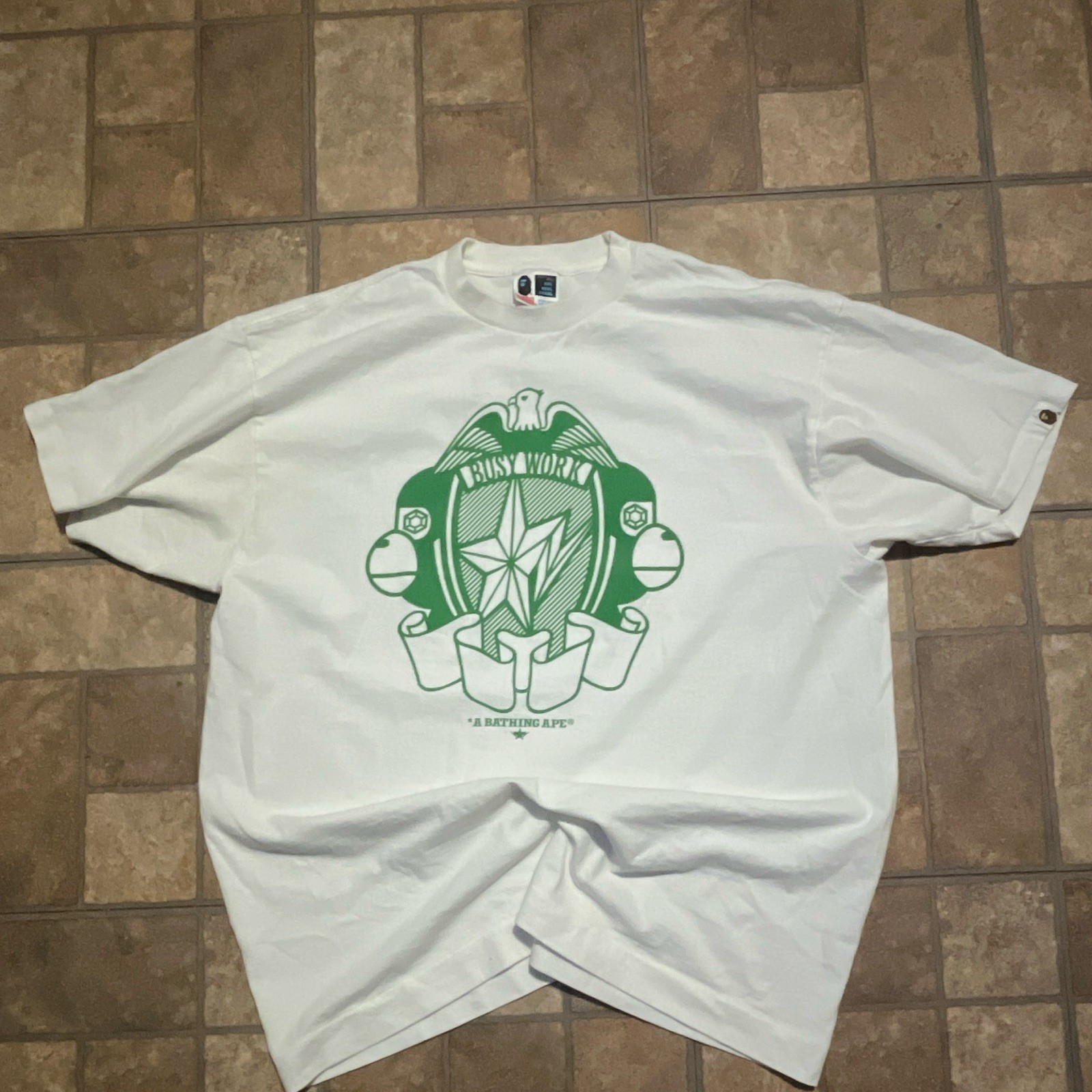 A Bathing Ape BAPE Busy Works White Green Logo Graphic T-Shirt Crew Neck XXL