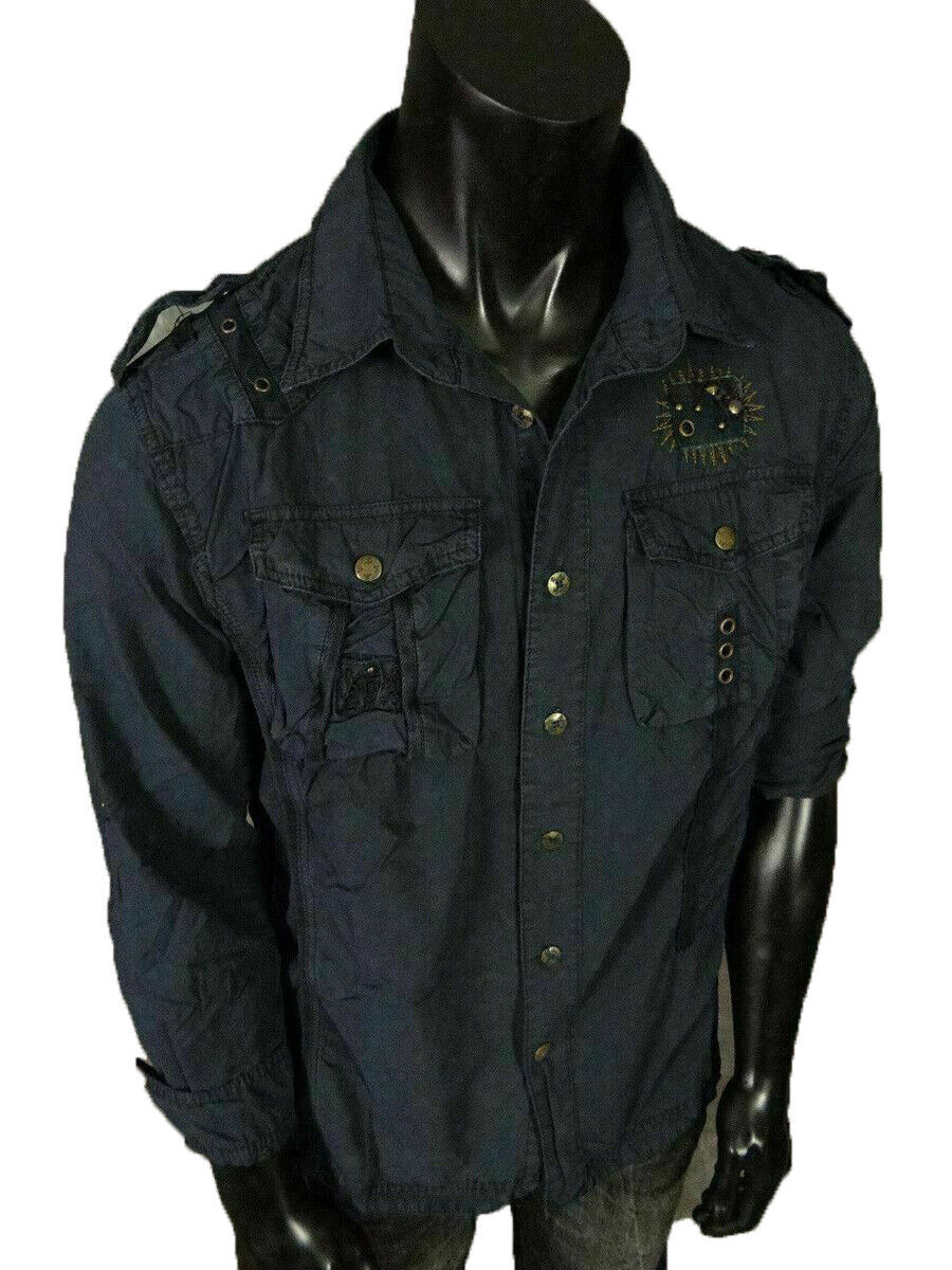Mens Safari Button Shirt Pleated Pockets Studded Accents with Pin-Up Sleeves