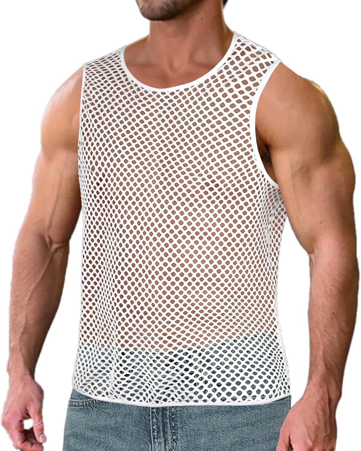 Men’s See Through Mesh Muscle Tee Fitted Sleeveless Clubwear Top Breathable