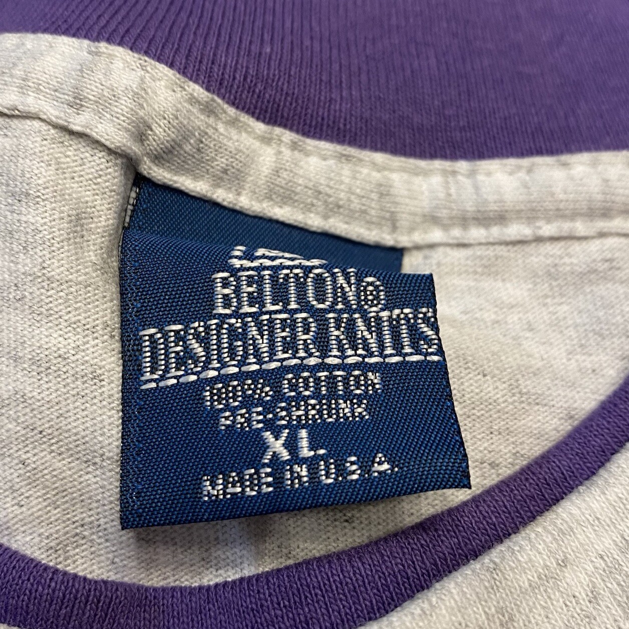 VTG Belton Designer Knits Gray Purple Contrast Sleeves Mens XL Single Stitch USA