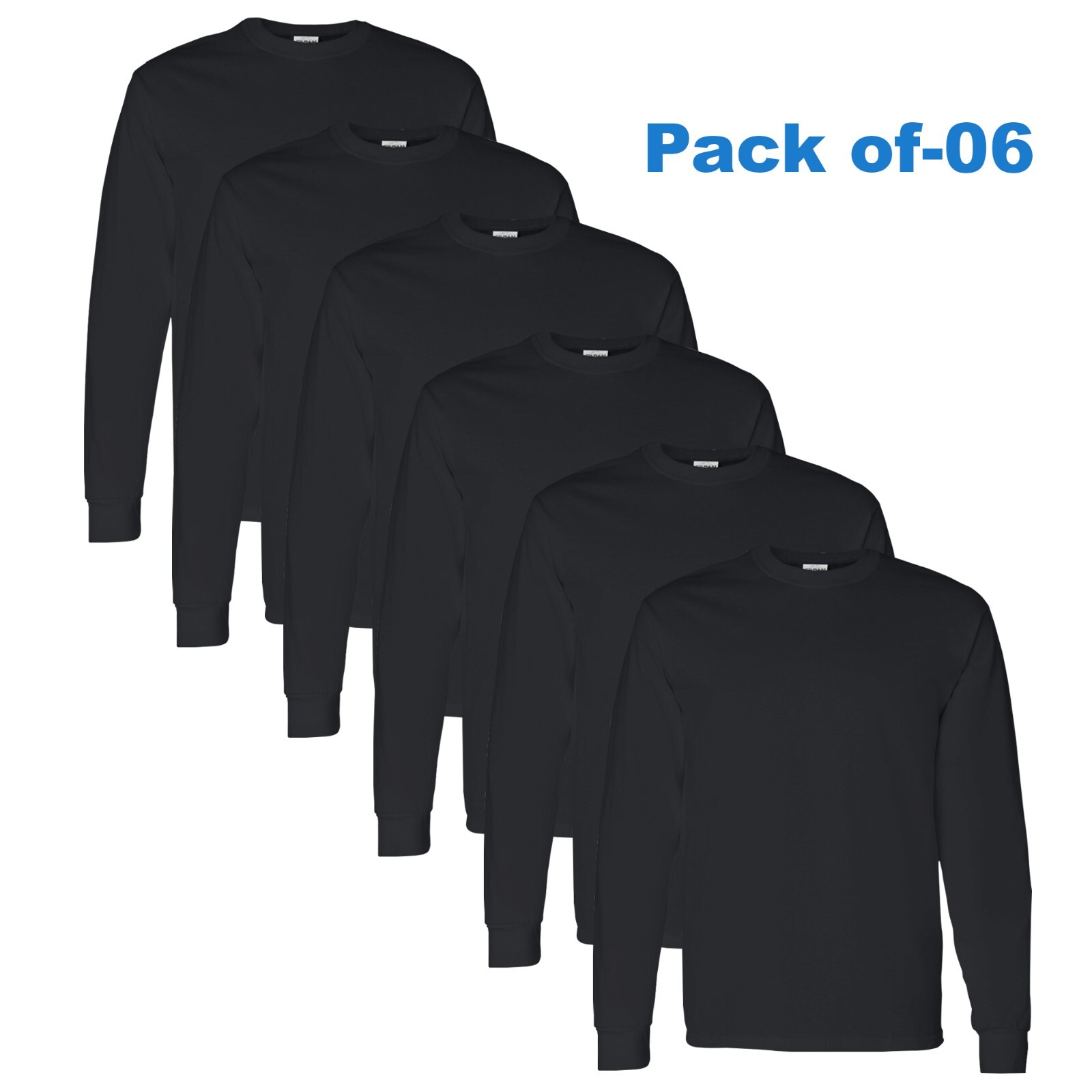 Gildan – Long Sleeve T-Shirt 6 Pack 100% Heavy cotton Crew Neck Black Color Tee