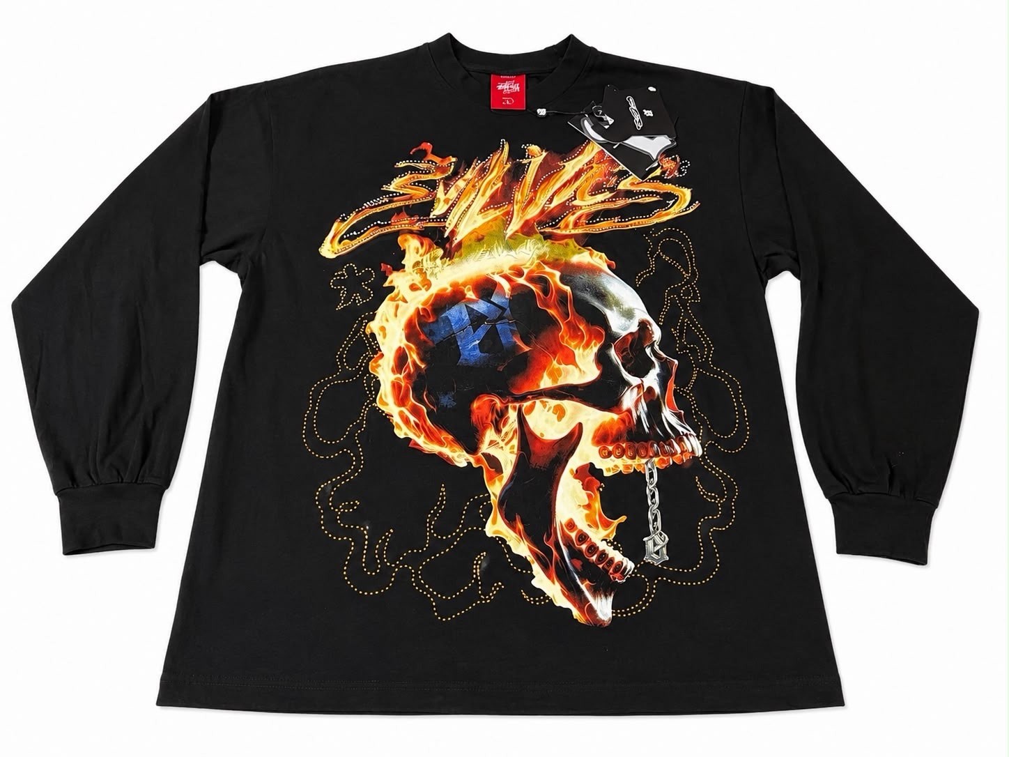 Evil Vice Flaming Skull Long Sleeve T-Shirt Black Graphic Tee Size L USA