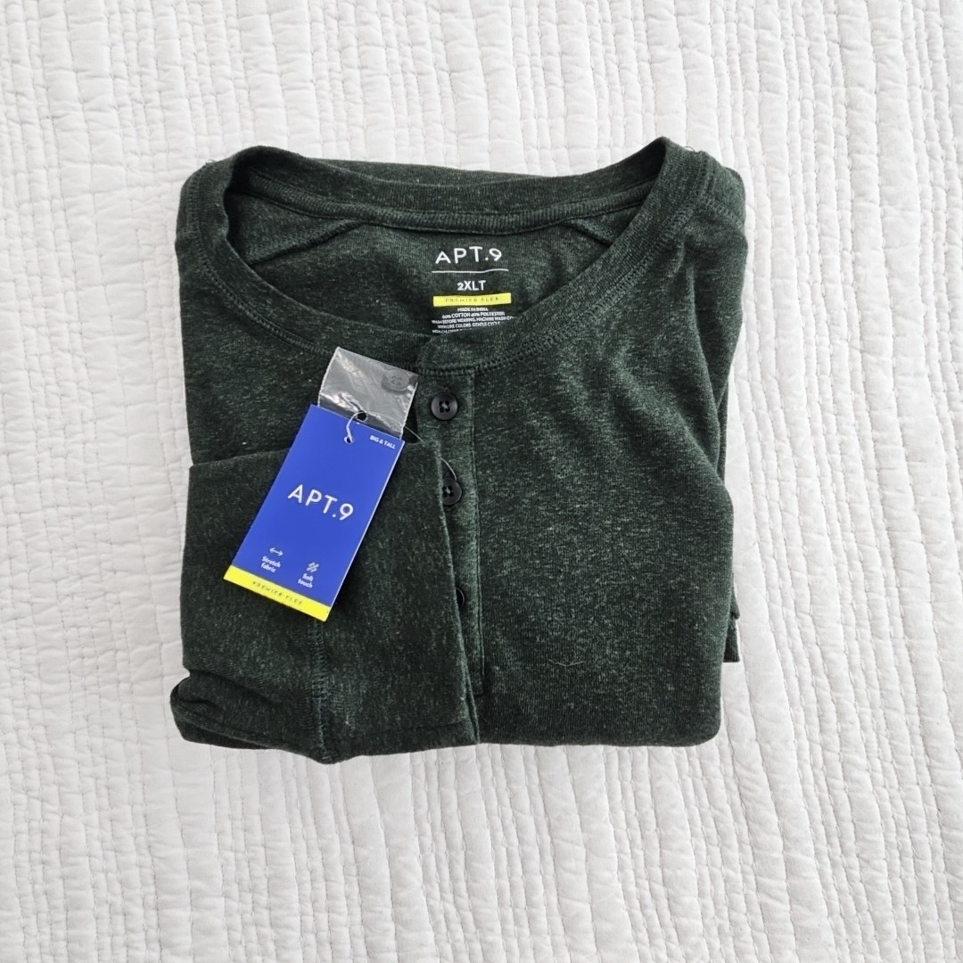 APT 9 Premier Flex Henley Men’s 2XLT Hunter Green Long Sleeve NEW Stretch NWT