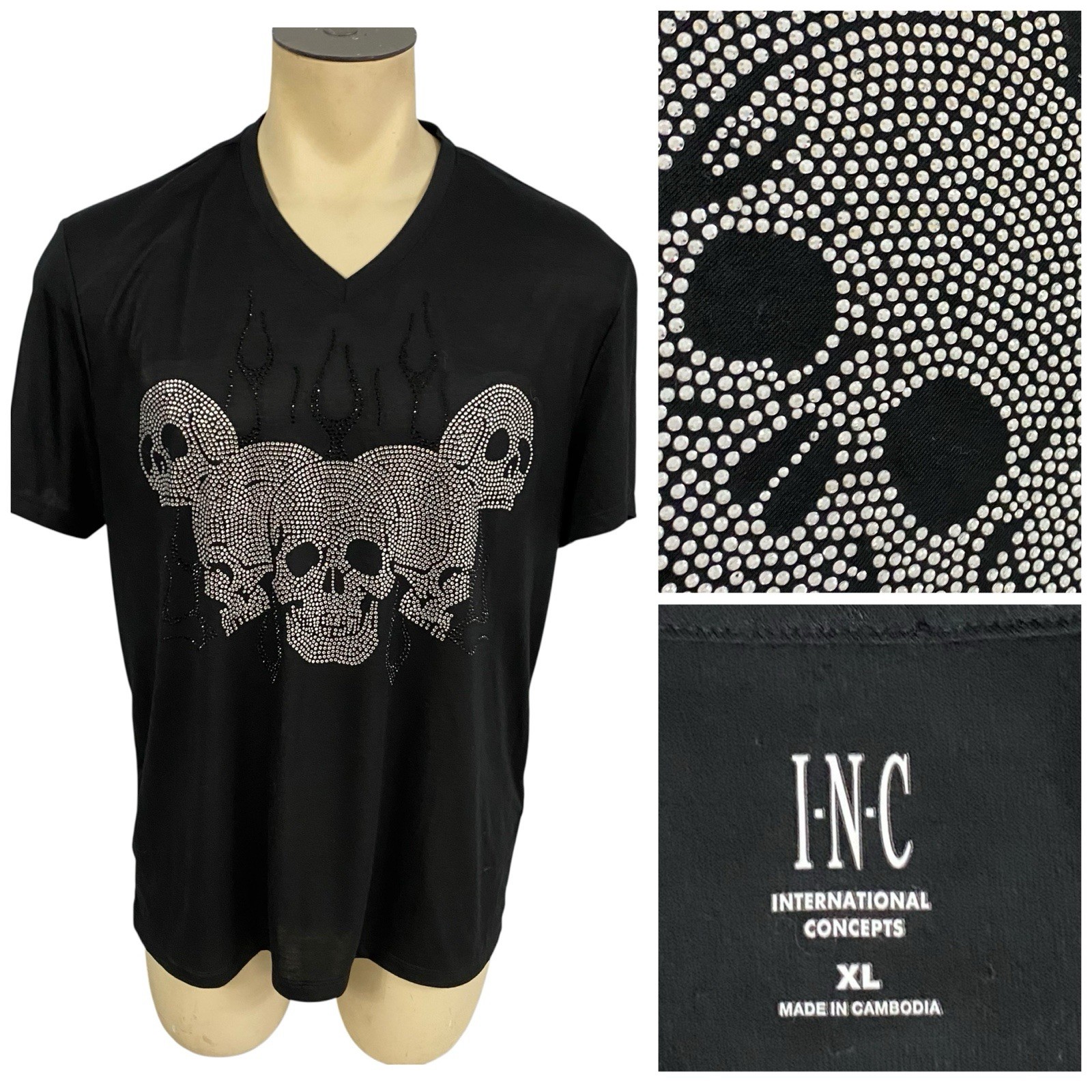 INC Skull T Shirt Mens XL Silver Beaded Skeleton Goth Halloween Horror Party