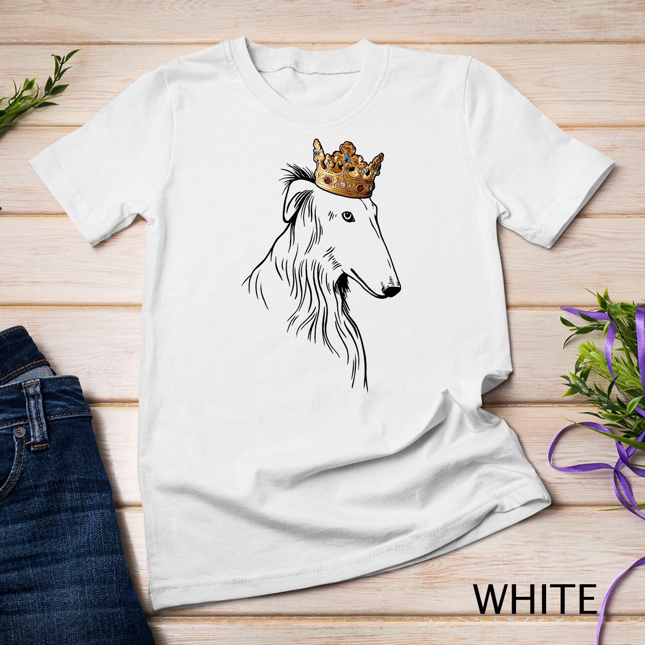 Borzoi Dog Wearing Crown Unisex T-shirt
