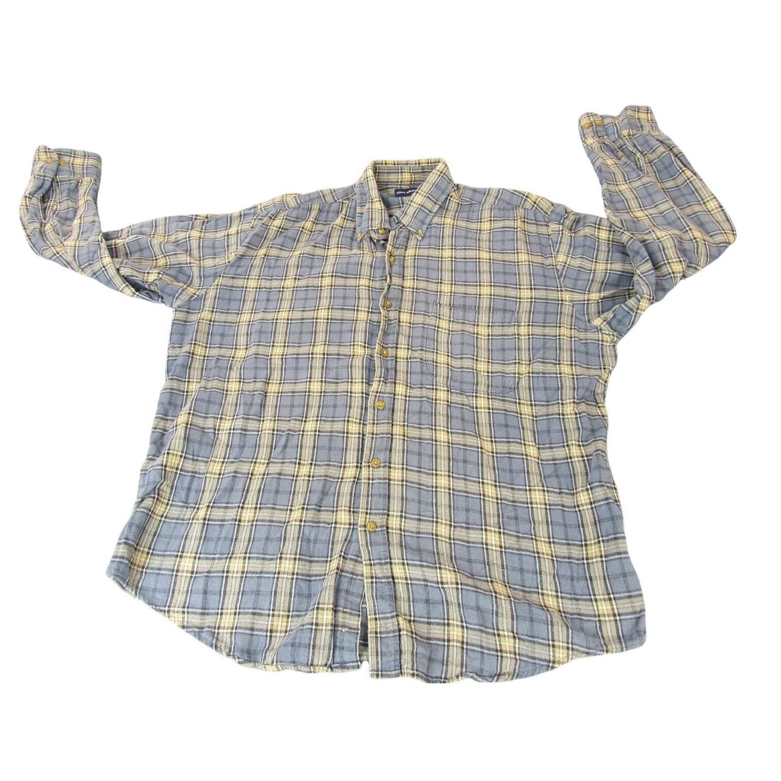 John Ashford Men’s T-Shirt Large Blue Tan Plaid 100% Cotton