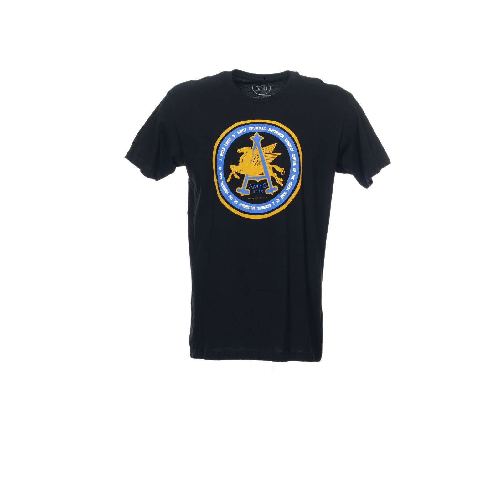 Ambig Mens Crew Neck T-Shirt S Black 100% Cotton Solid Graphic Pegasus Streetwea