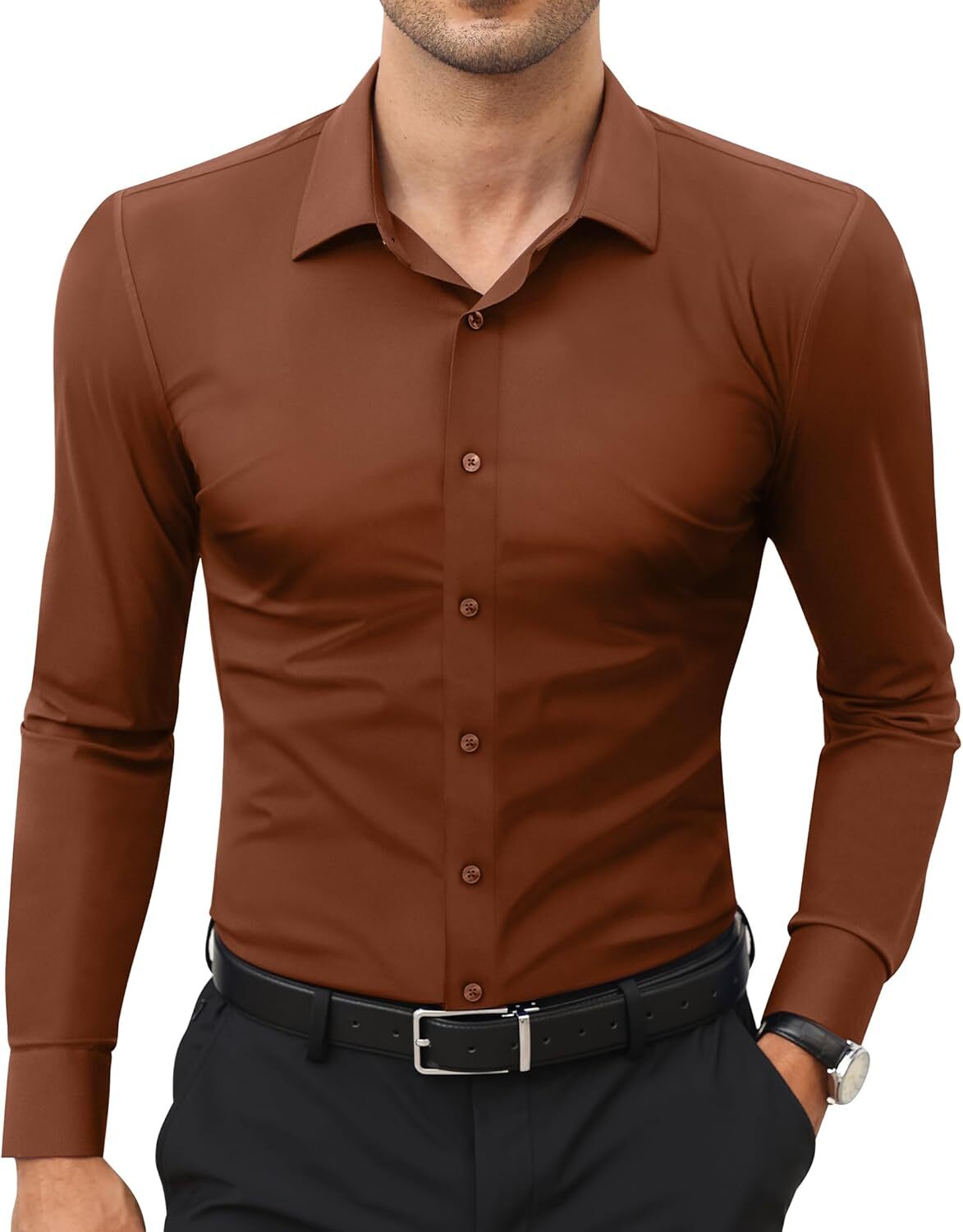 Stretch Slim Fit Wrinkle Free Long Sleeve Dress Shirt for Men Button Down
