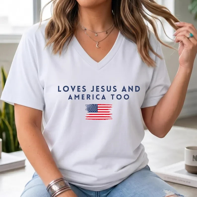 Jesus And America Too V-Neck T-Shirt Christian Patriotic Graphic Tee