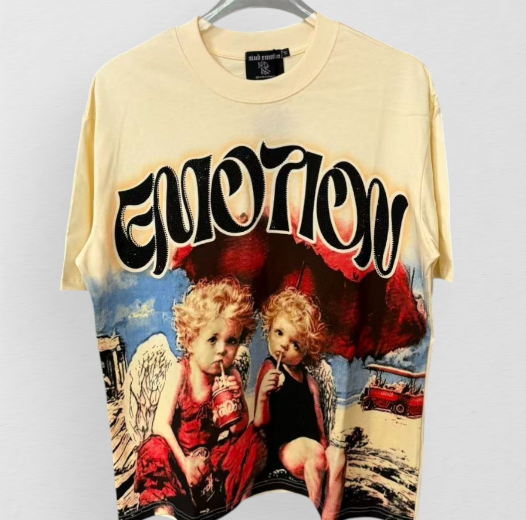 Mixed Emotion Men’s T-Shirt Tee “Twins” Rhinestone Short Sleeve Cream Beige