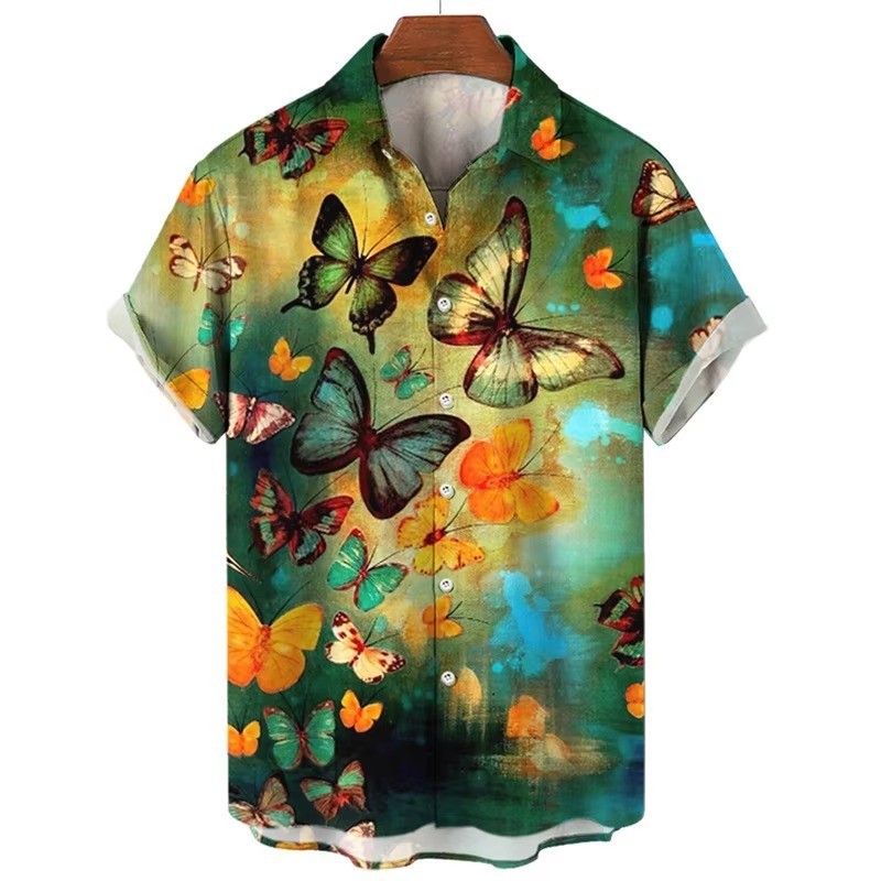 Mens Button Down Abstract Butterfly Colorful Hawaiian Top Novelty Summer Shirt