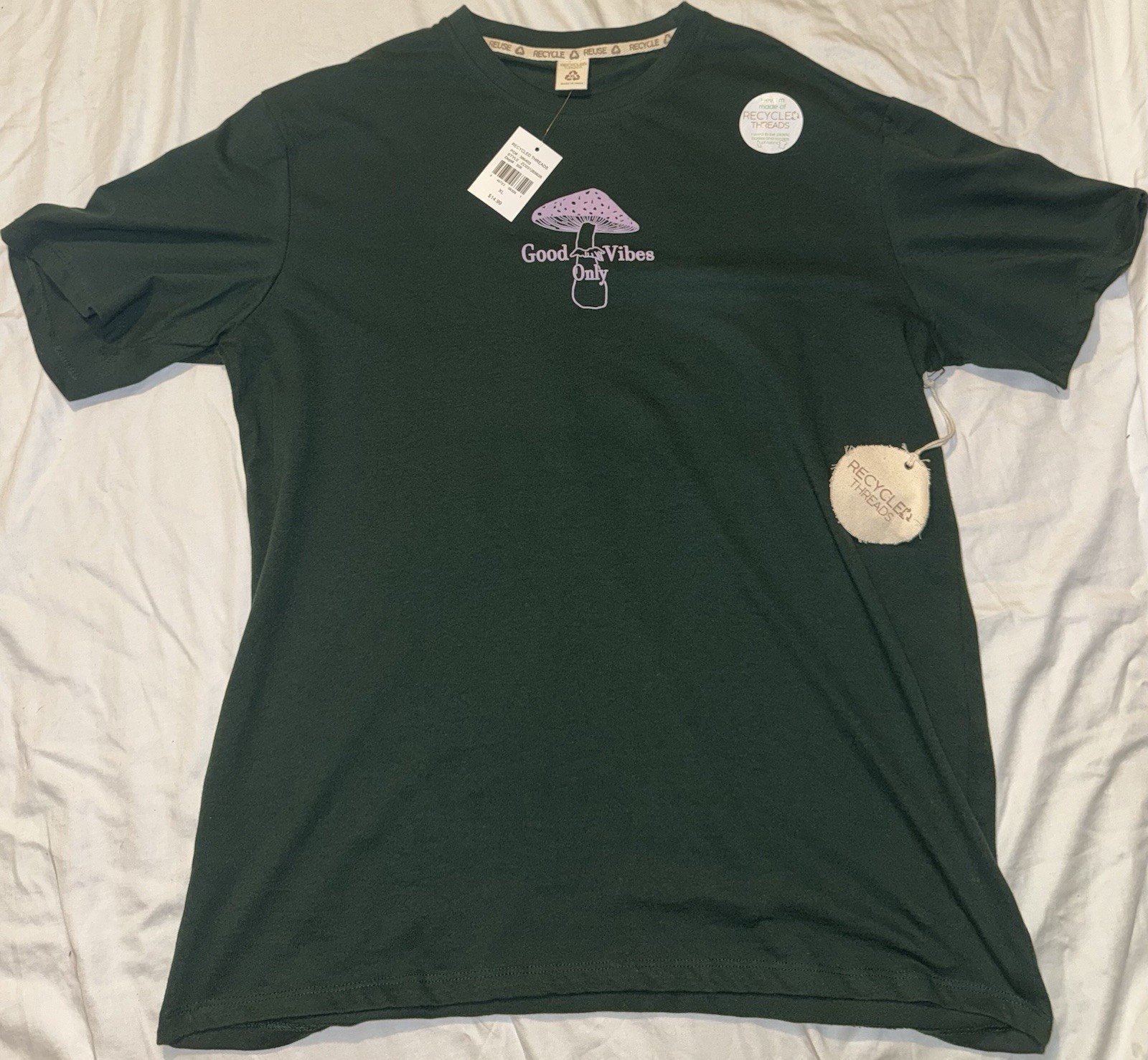 Recycled Threads Men’s “Good Vibes” Mushroom Green XL T-Shirt NWT