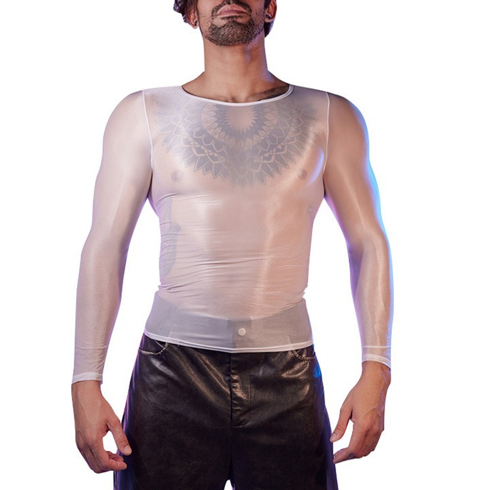Men’s Oil Shiny See Through Long Sleeve Sheer Tights Top Sexy Lingerie Shirt