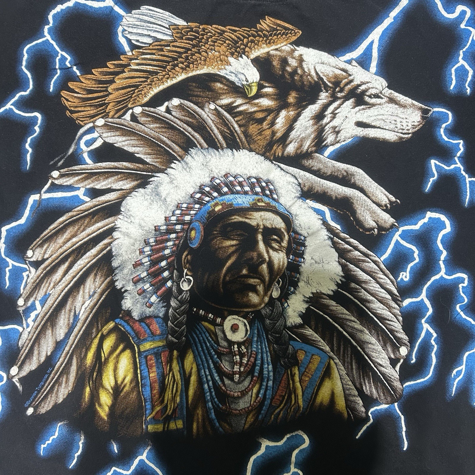 Vintage 80s Sunrise Turquoise Native American Indian Chief Lightning Tee XL