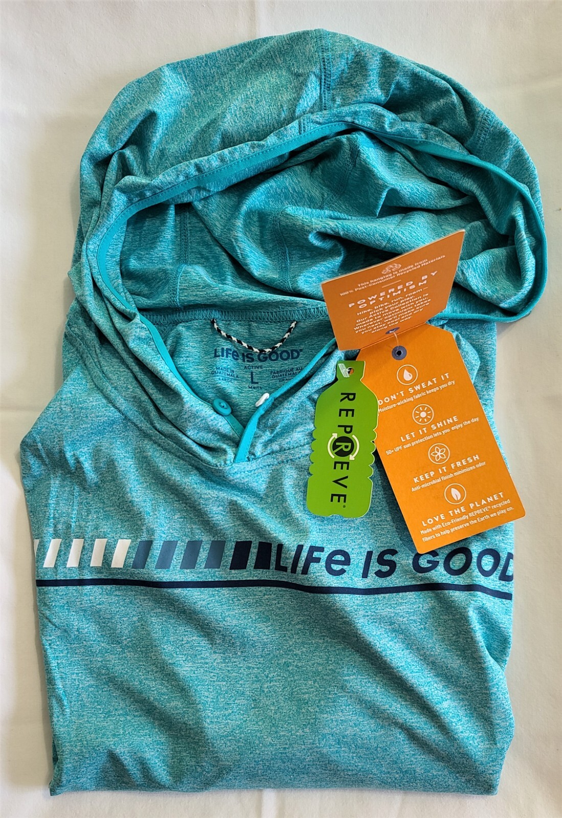 Life Is Good LS Active Hooded Tee RACING STRIPES Moister Wicking UPF Men L 47in