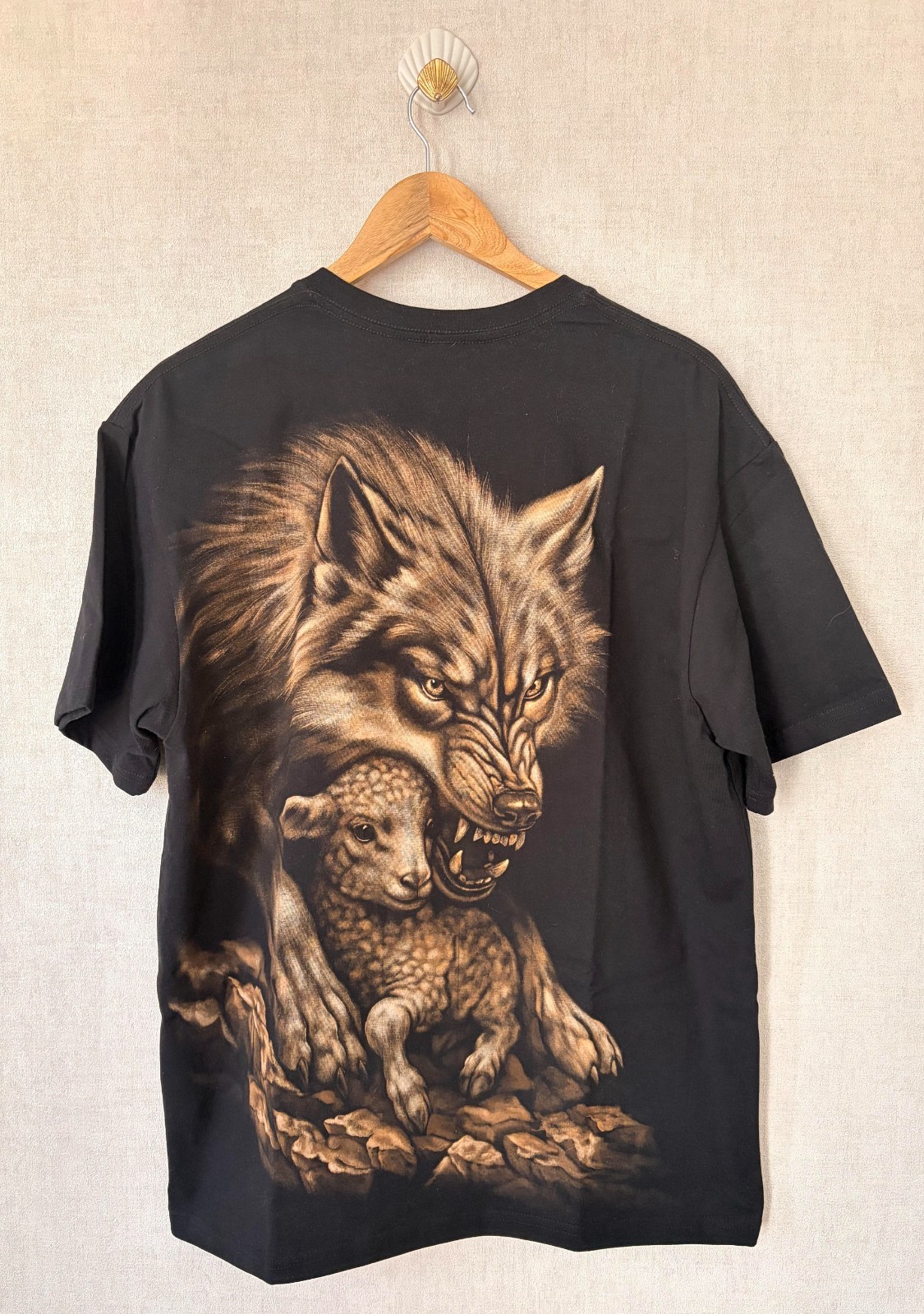 Hand Painted T-Shirt Wolf and Lamb Bleach Art Unique Handmade Size XL