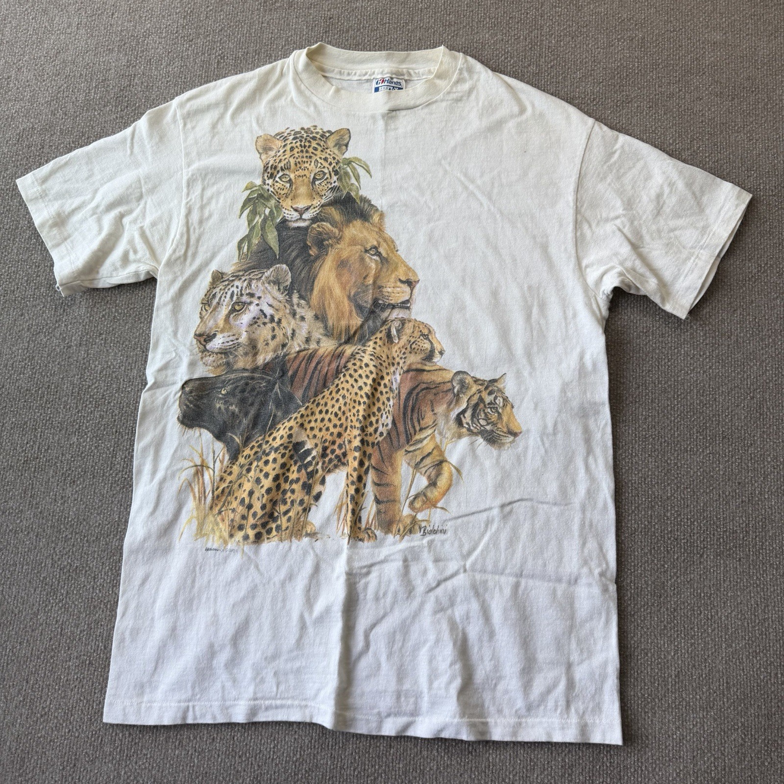 Vintage 1989 Biolchini Big Cat Men’s L T-Shirt Leopard Lion Tiger Single Stitch