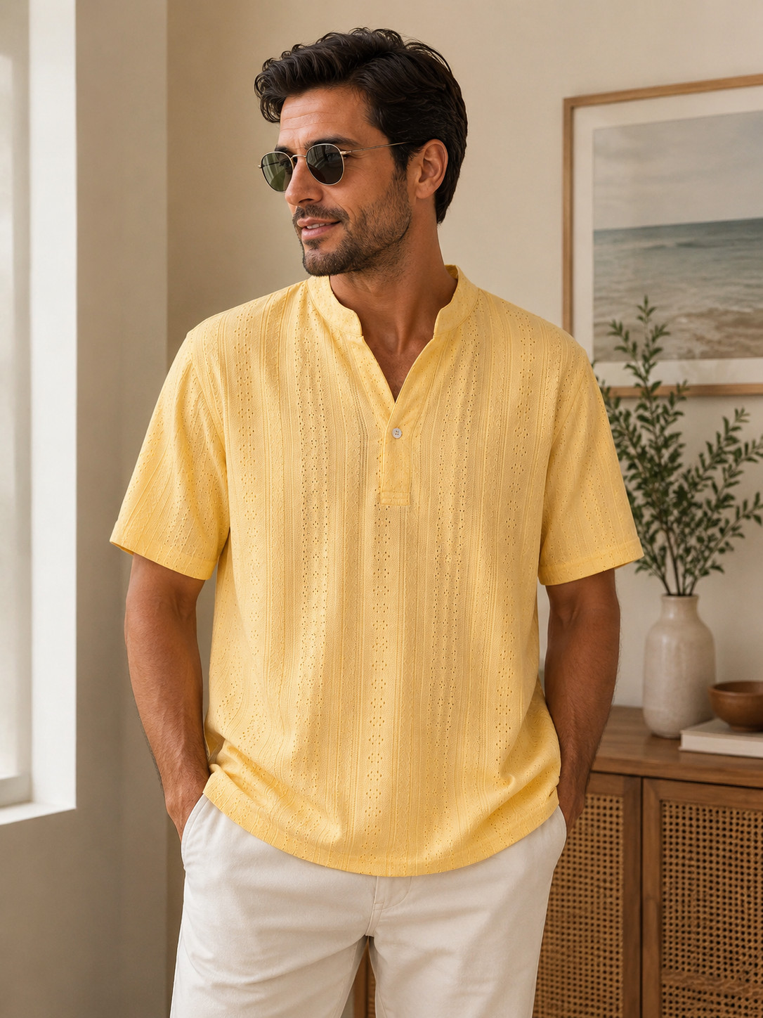 Men’s Yellow Textured Knit Henley Shirt Short Sleeve Casual Summer Pullover
