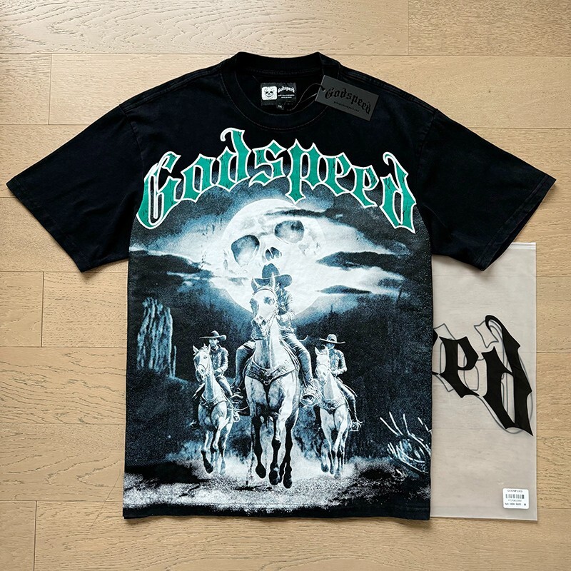 25/SS NEW Godspeed Rock Skeleton Knight print pattern Tee Washed Mens T-shirt