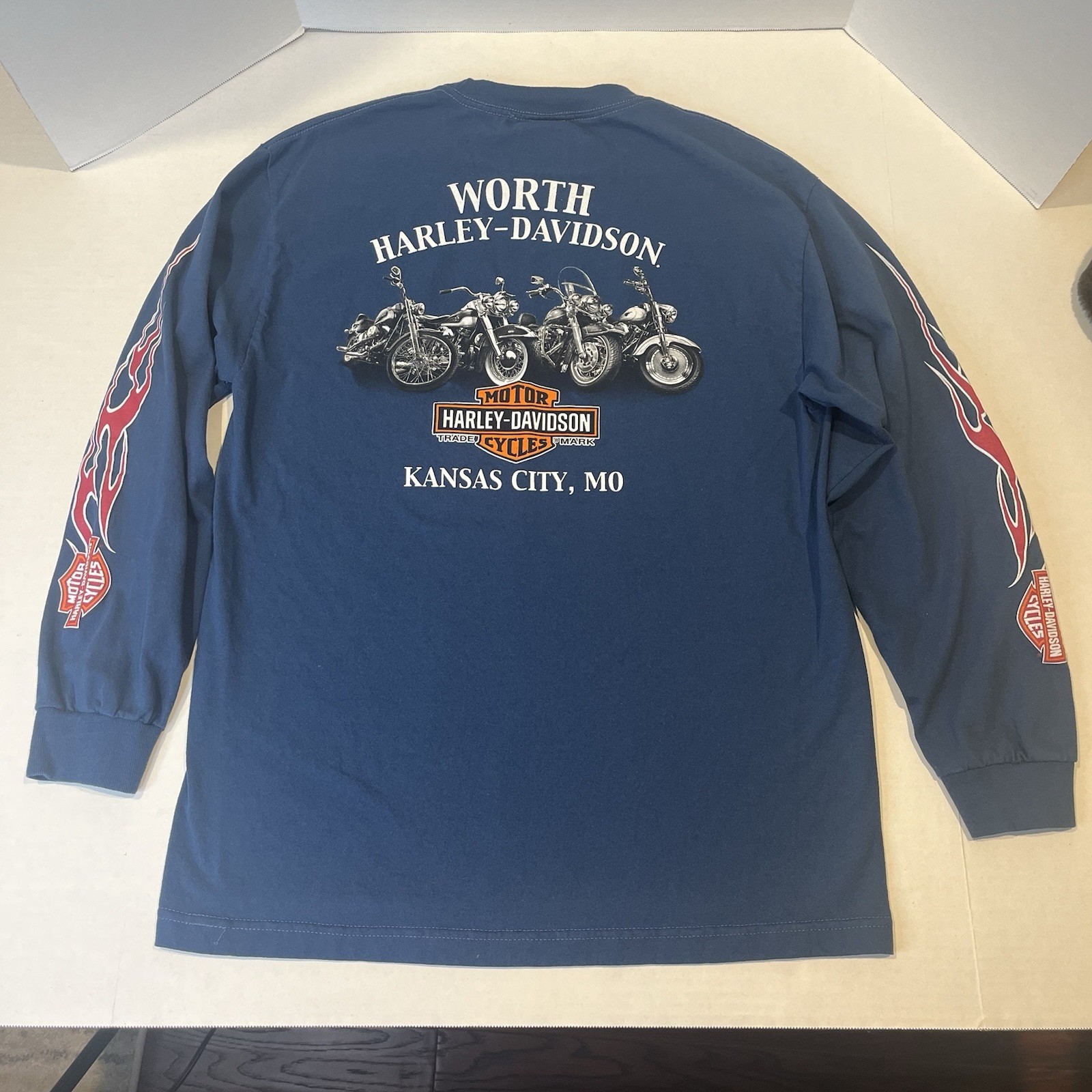 Harley Davidson Large Blue Long Sleeve Graphic T Shirt Kansas City Flames Clean