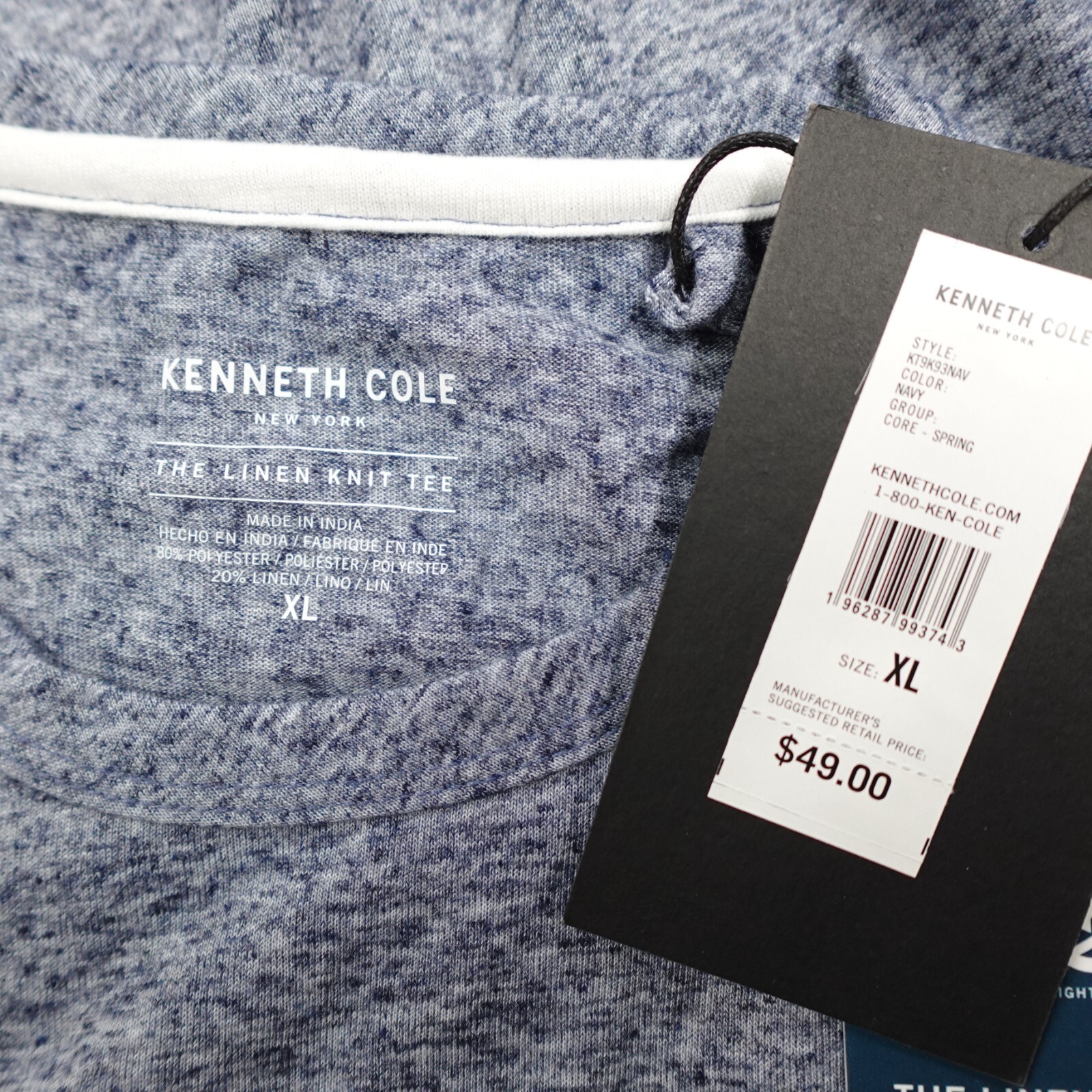Kenneth Cole The Linen Knit Crew Neck Shirt S/S Lightweight Stretch Navy