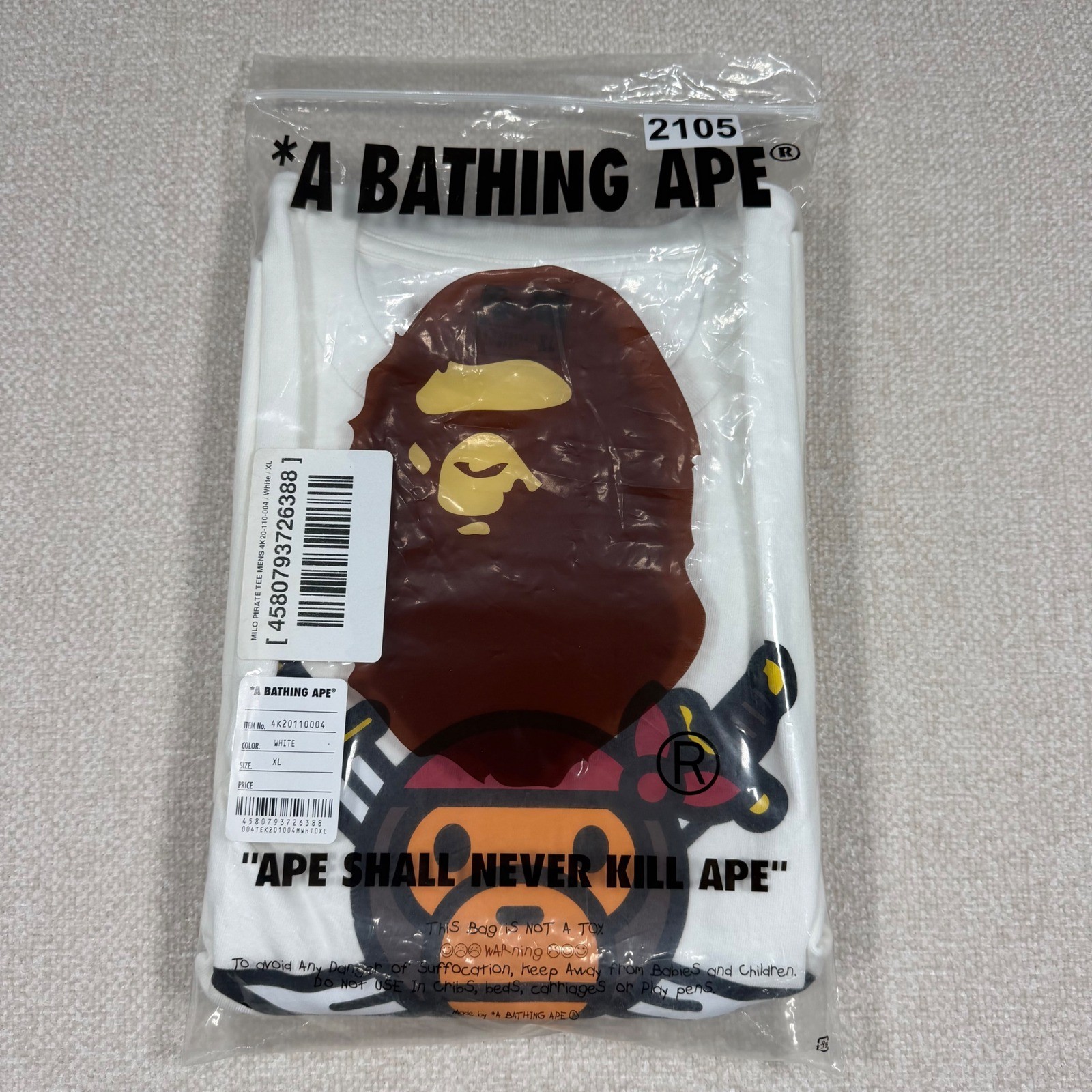 A Bathing Ape Pirate Store Milo Pirate Tee Mens White XL Brand New