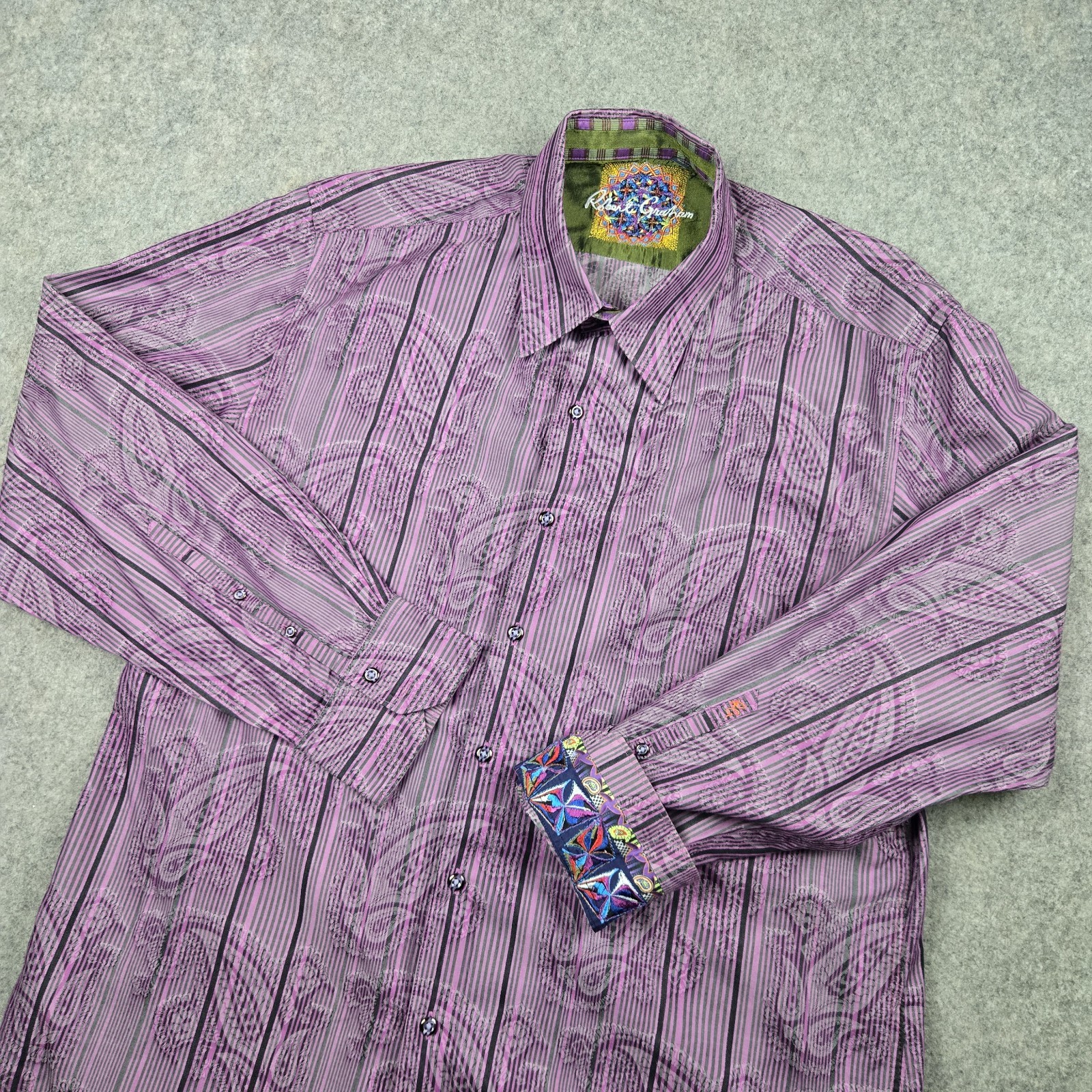 Robert Graham Button Up Shirt Mens 2XL Purple Paisley Floral Flip Cuff Preppy