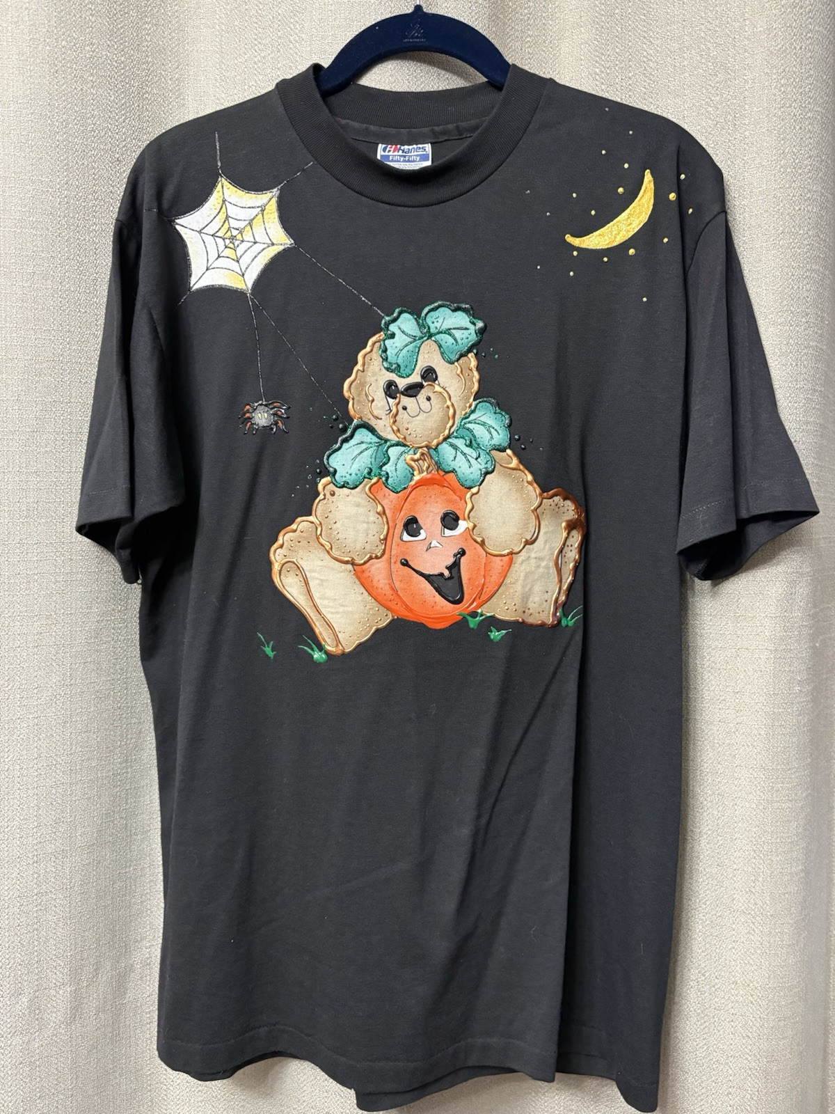 Vtg Hanes Halloween Teddy Bear Pumpkin Tee shirt Single Stitch Puff Print L USA