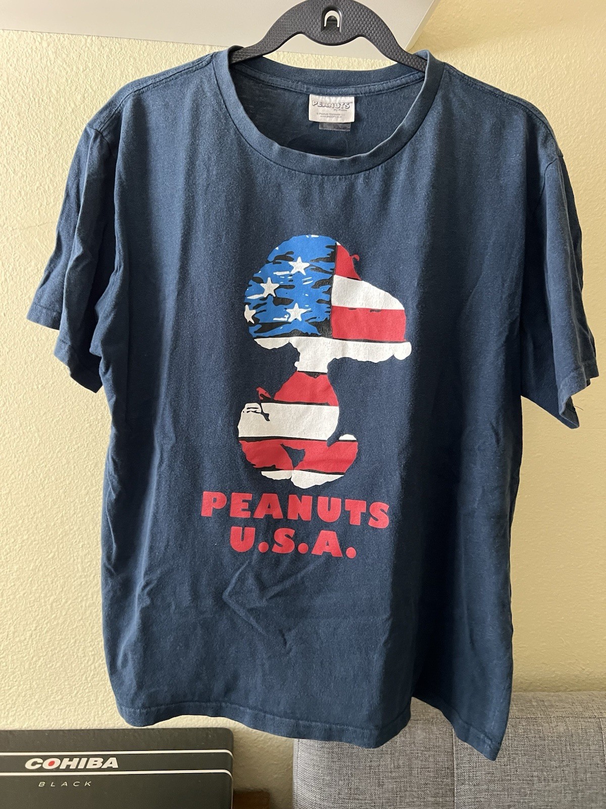 Snoopy USA Unisex T-shirt w/ Snoopy Image w/ USA Flag on Peanuts Label