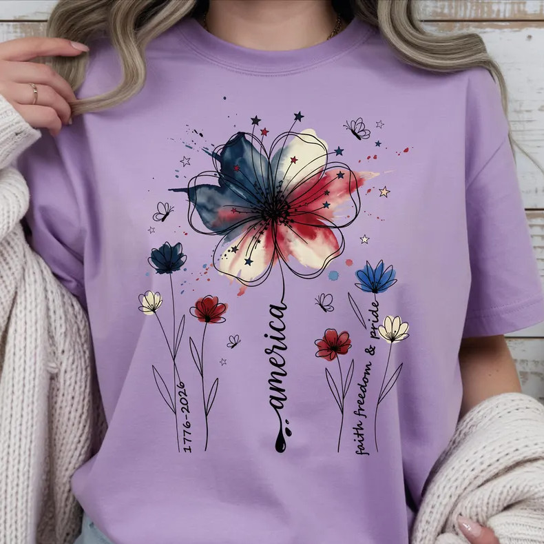 USA 250th Anniversary Comfort Colors Floral Tee, 1776-2026 Patriotic Shirt