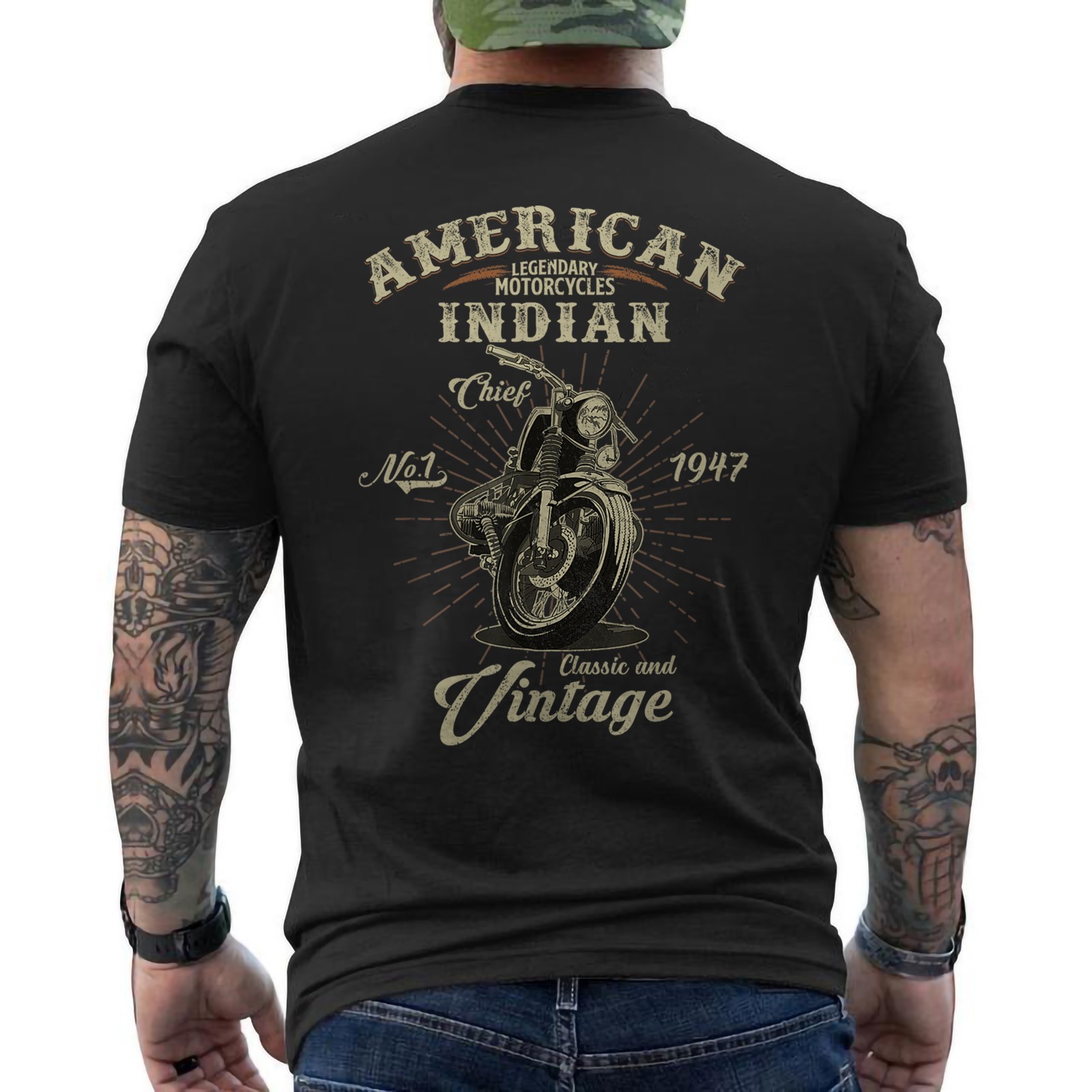 Retro American Motorcycle Indian For Old Biker Vintage Gift ON BACK T-Shirt