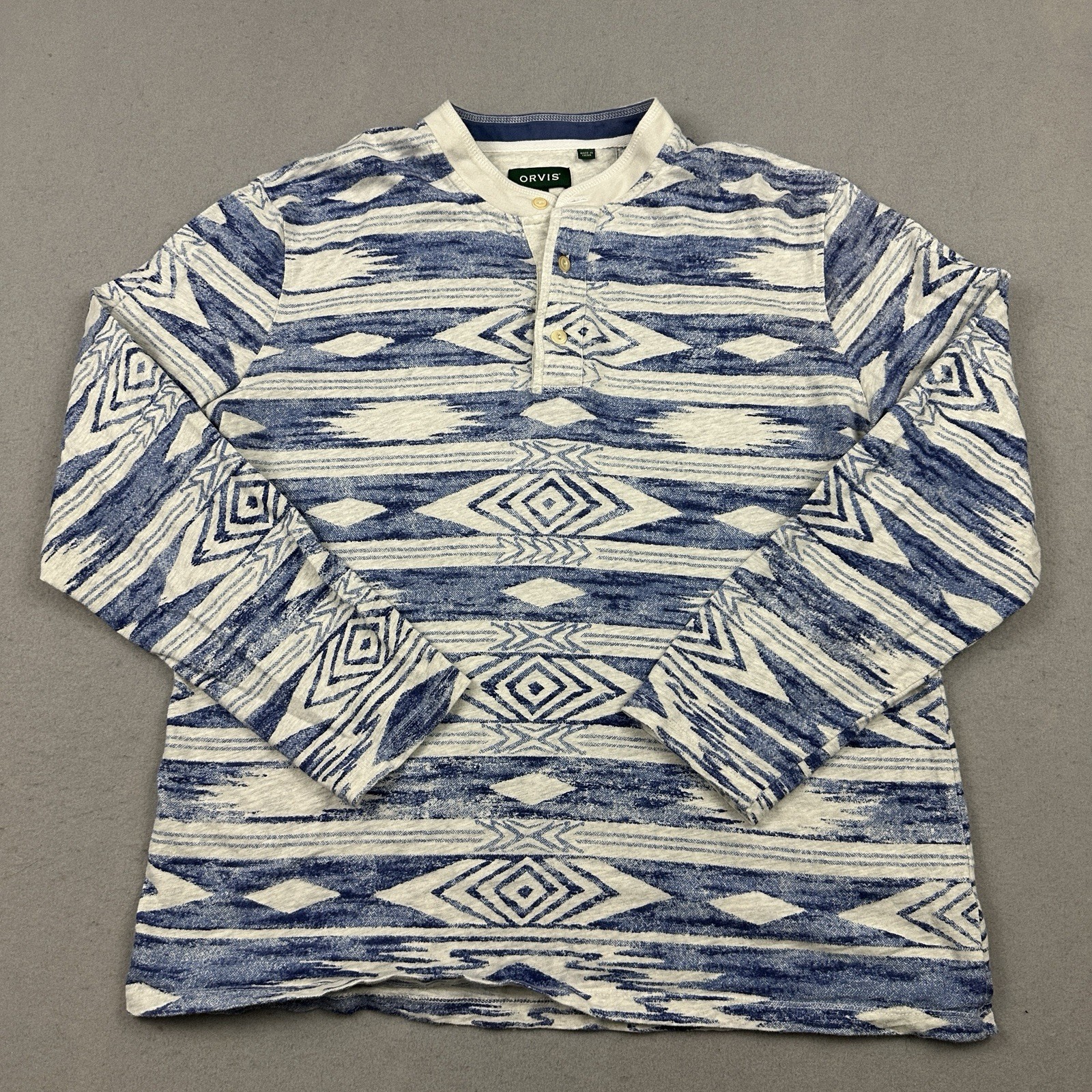 Orvis Shirt Men Large Blue Aztec Southwestern Henley Long Sleeve Pullover L