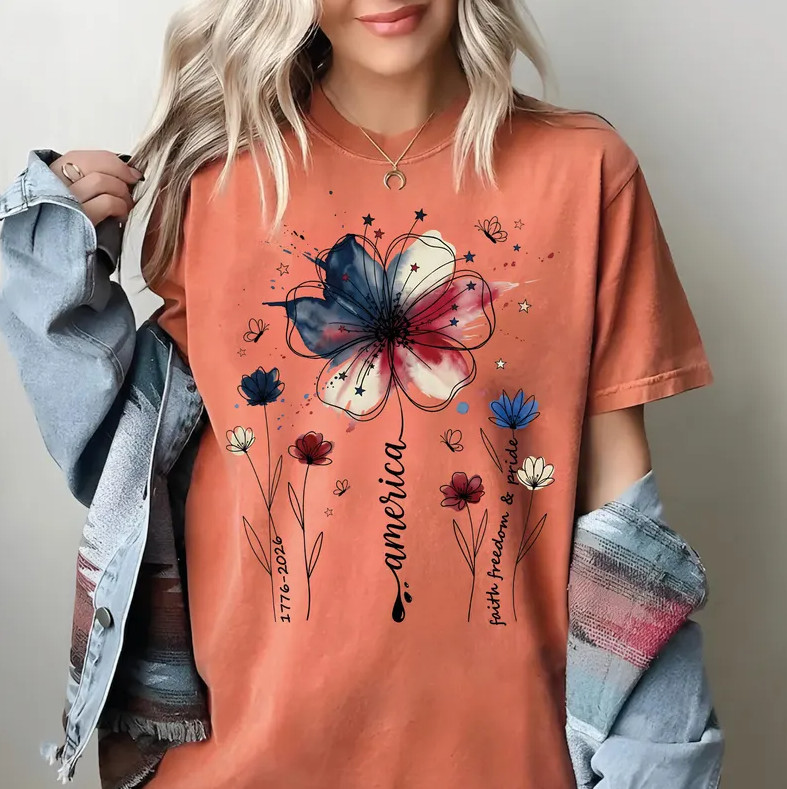 USA 250th Anniversary Comfort Colors Floral Tee, 1776-2026 Patriotic Shirt