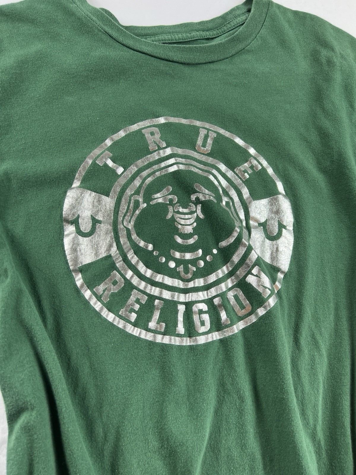 True Religion Foil Silver Green Buddha Crew Neck T-Shirt Y2K 2000 Size Medium