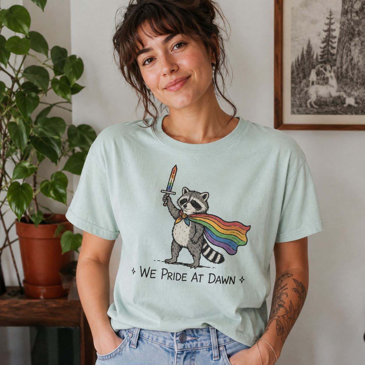 We Pride At Dawn Raccoon Shirt LGBTQ Pride Rainbow Tee