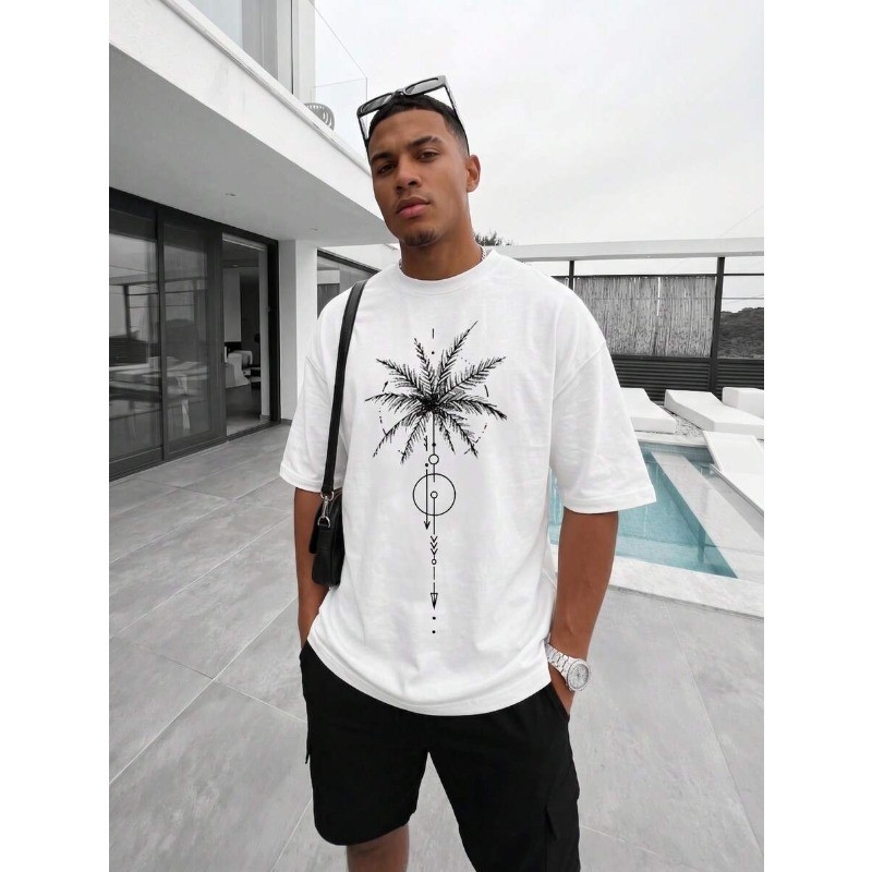Fractyr Men’s Geometric Palm Tree Double Print Oversized Tee, White Streetwear​