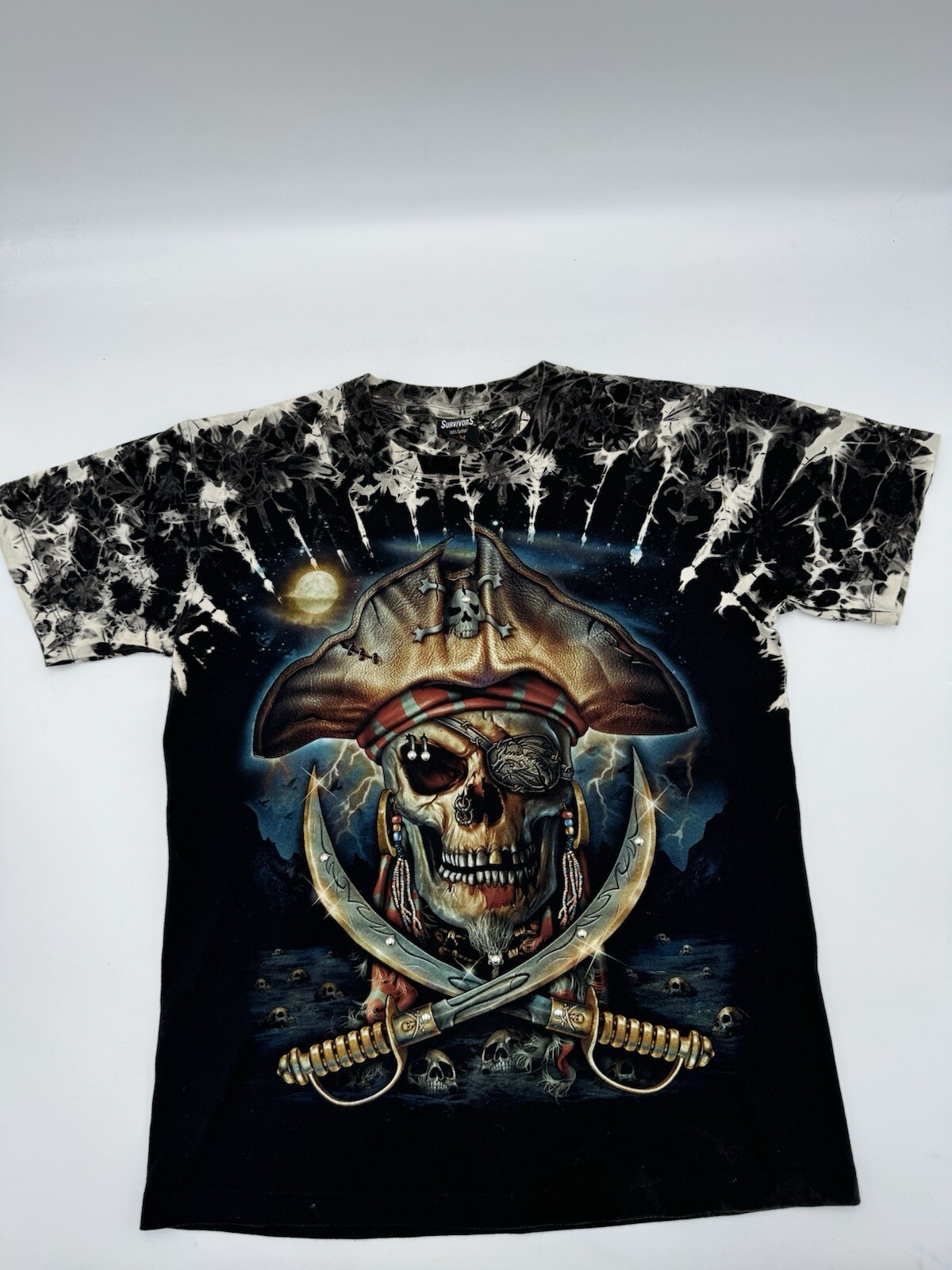 SURVIVORS Shirt Men’s Medium Black Tie Dye Pirate Embellished Double Sided NWOT