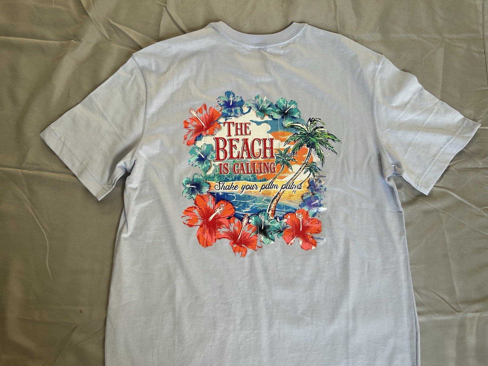 Caribbean Lt Blue Tropical Tee Beach is Calling Shake your Palm Palms Small New