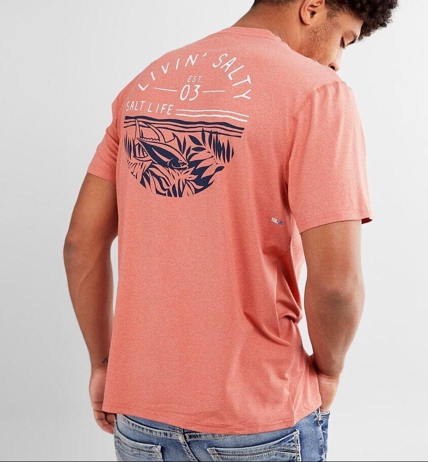 Salt Life Fish Tropics Performance T-Shirt Burnt Coral Heather Size Medium