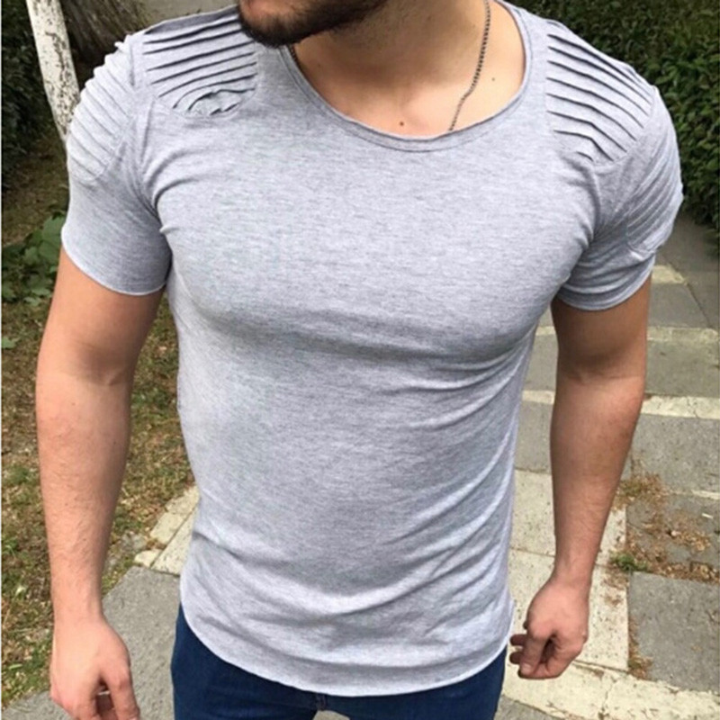 Men Pleated Shoulder Short Sleeve T-shirt Slim Fit Biker Top Tee Shirt Punk Rock