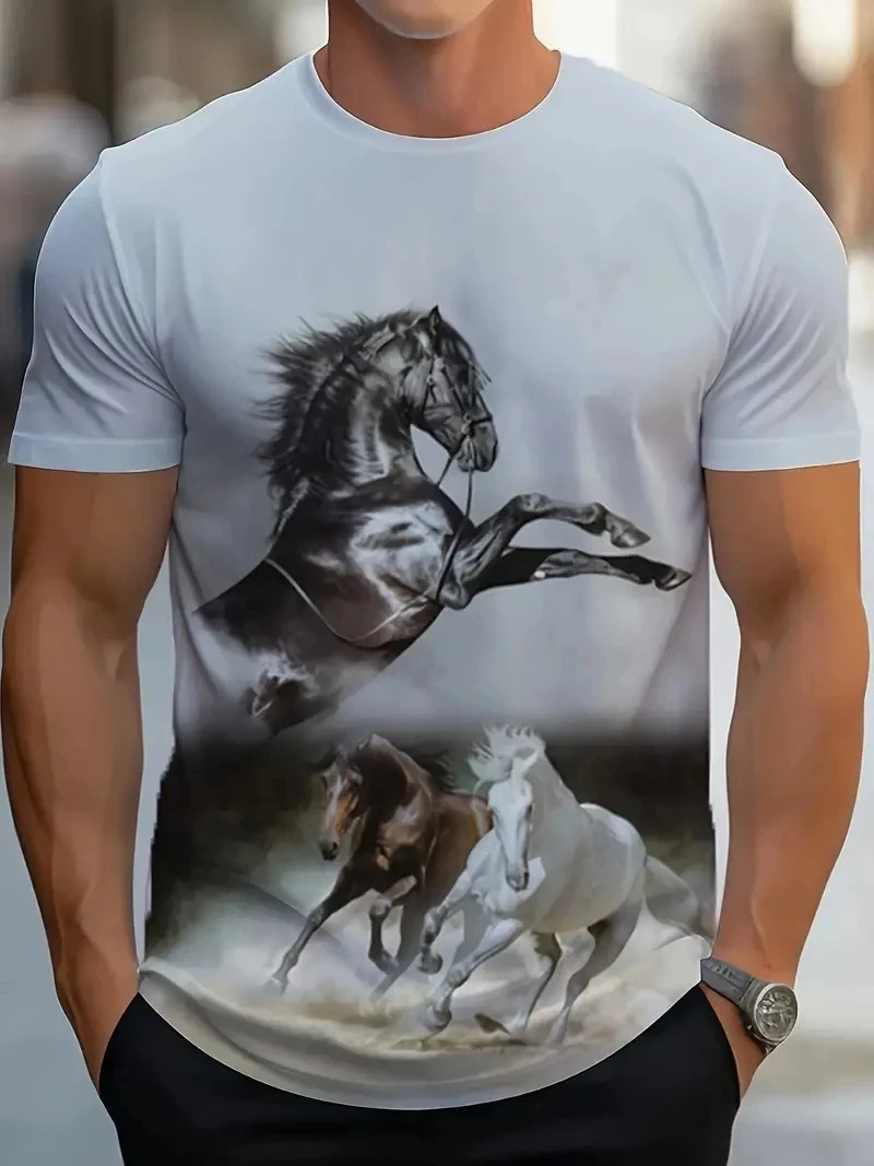 Mens 3D Horse Graphic T-Shirt Short Sleeve Animal Print Streetwear Tee